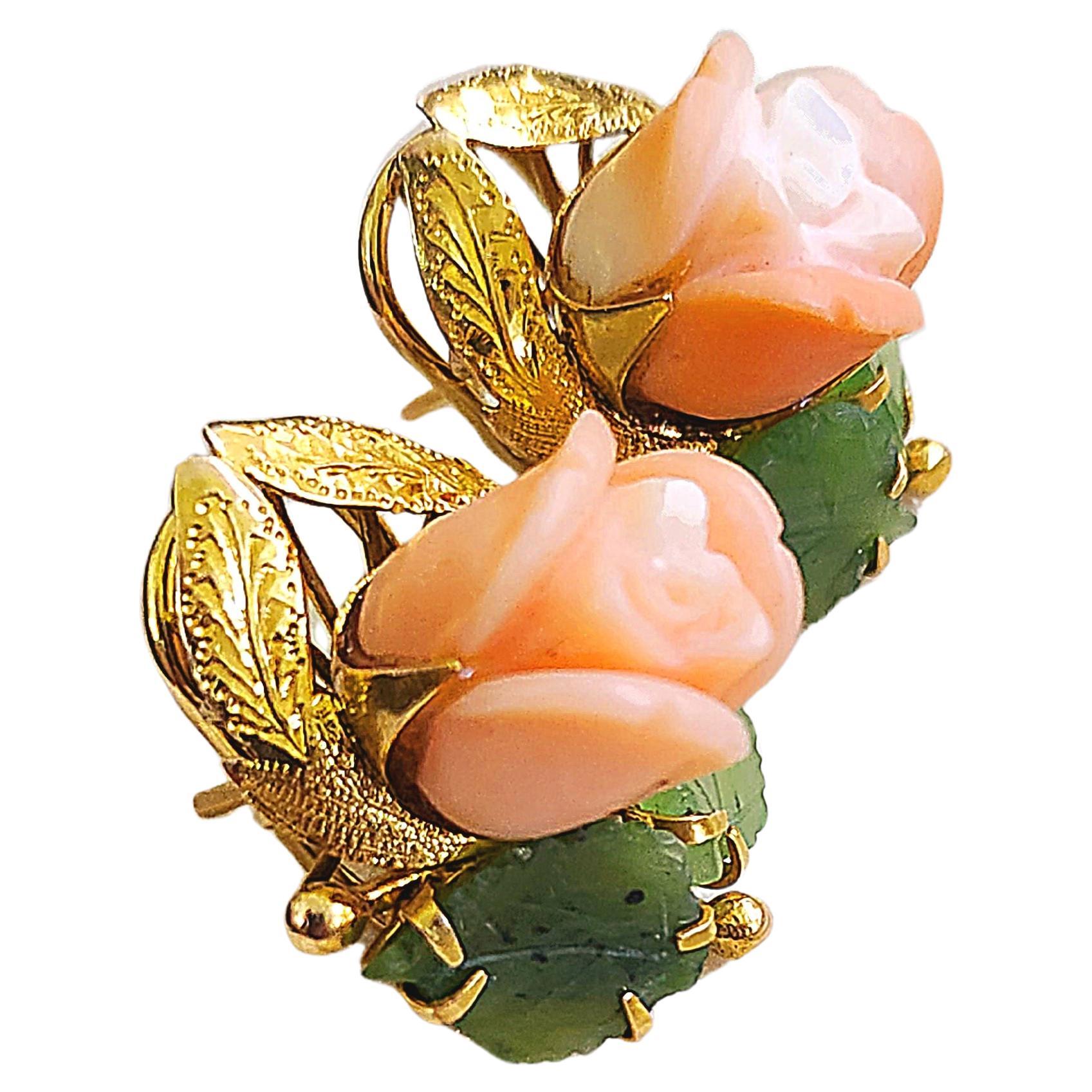 Vintage 1940s Coral And Jade Flower Gold Earrings