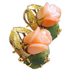 Vintage 1940s Coral And Jade Flower Gold Earrings