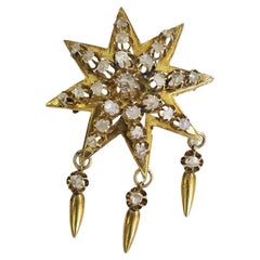 Antique Rose Cut Diamond Star Brooch Gold Pendant