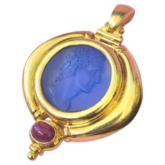Vintage Italian Blue Onyx Cameo 18k Gold Earrings