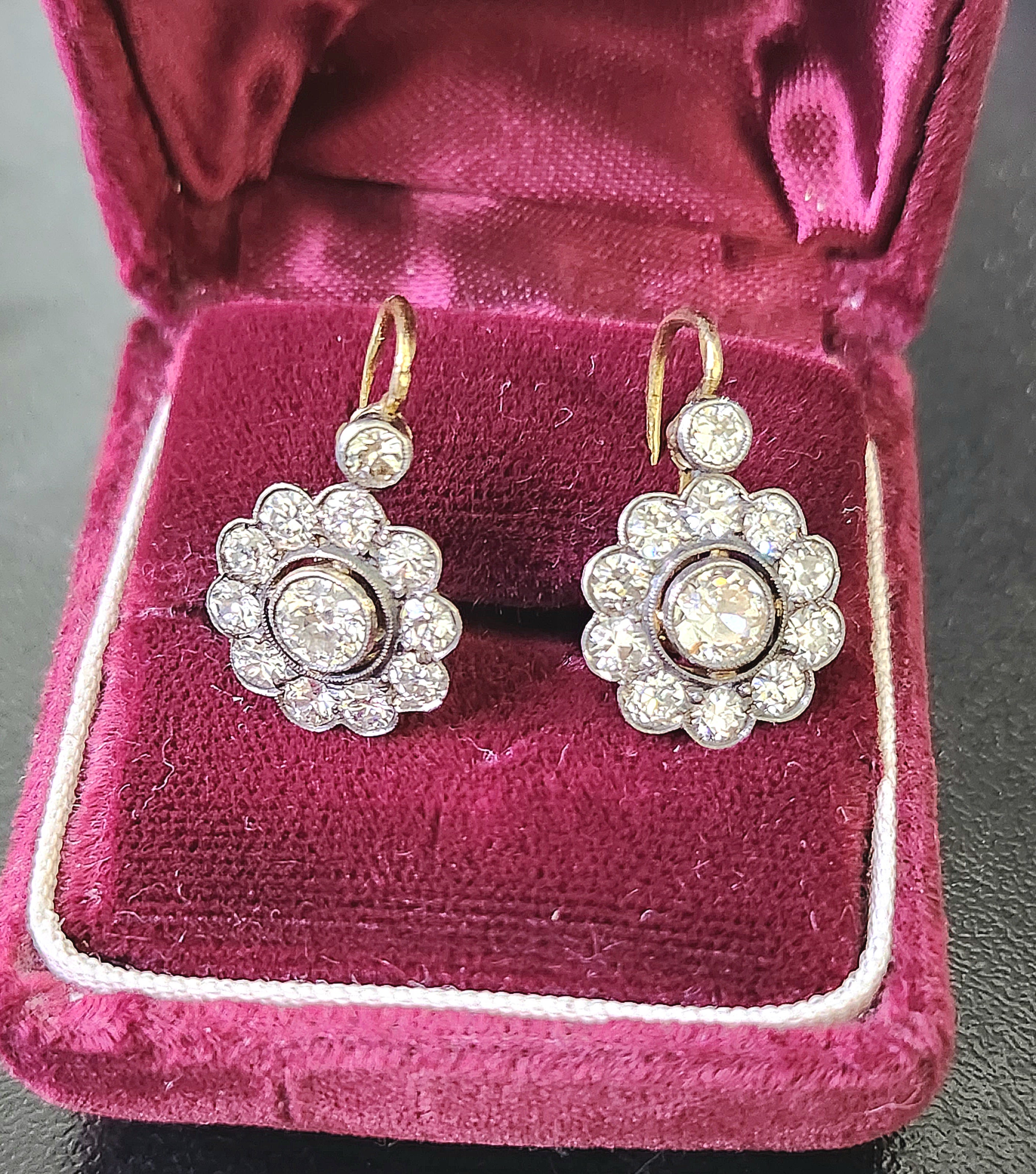 “Antique 18k Gold & Silver Floral Dangle Earrings, 3 Carat Diamonds”