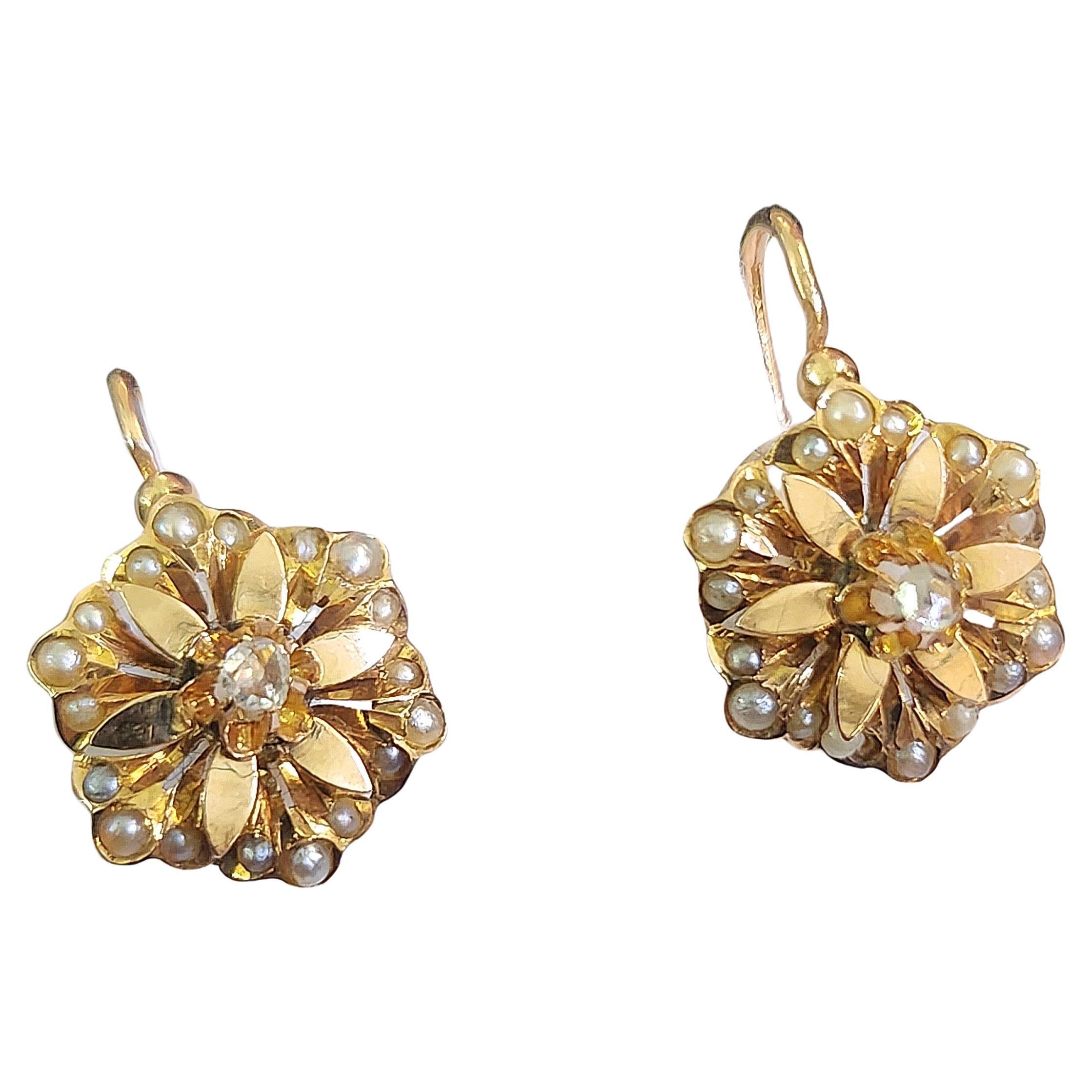 Antique French Diamond And Seed Pearls 18K Gold Earrings