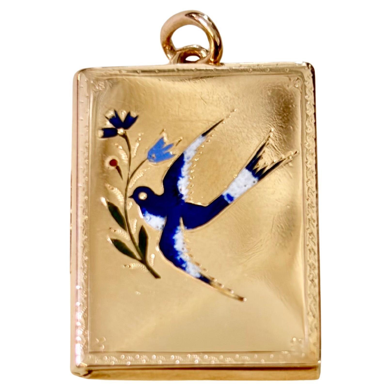 “Antique 14k Gold Enamel Swallow Bird Locket Pendant, Russia Era”