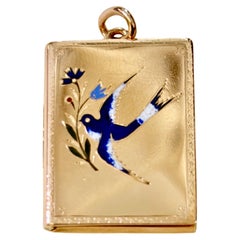 Antique Imperial Russian Enamel Swallow Bird Gold Locket