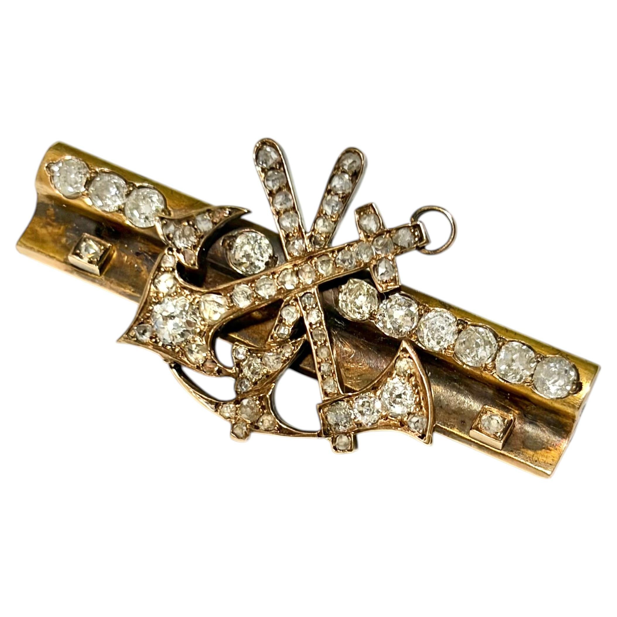 “Antique Victorian 14k Gold Brooch with 2 Carats Old Mine Cut Diamonds”