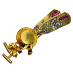 Antique Russian 1850s Feather Hat Ruby Diamond Gold Brooch
