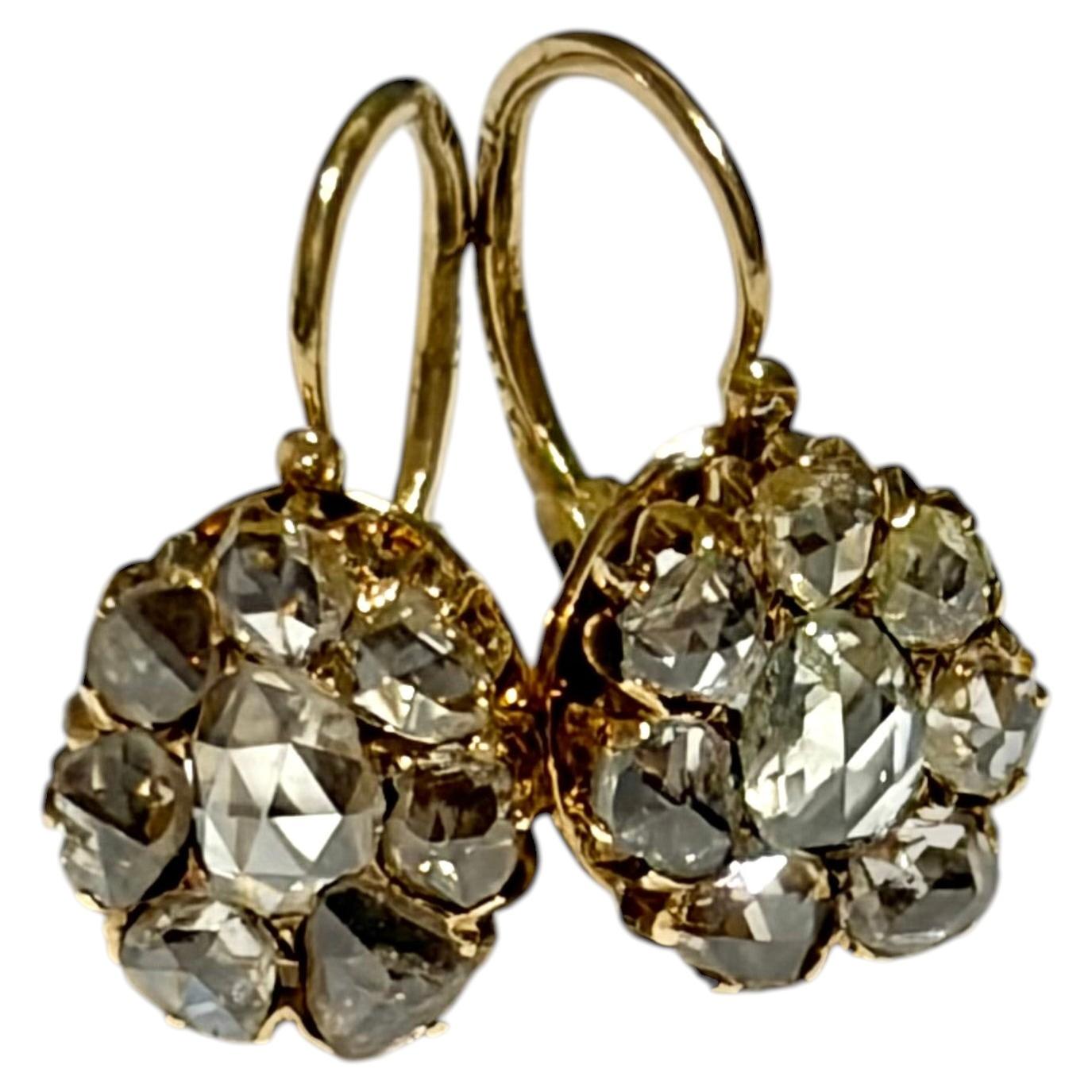 “Antique 14k Gold Rose Cut Diamond Dangle Earrings, Moscow Circa 1800s” For Sale