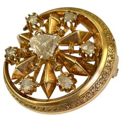 Antique Imperial Russian Rose Cut Diamond Gold Crescent Brooch