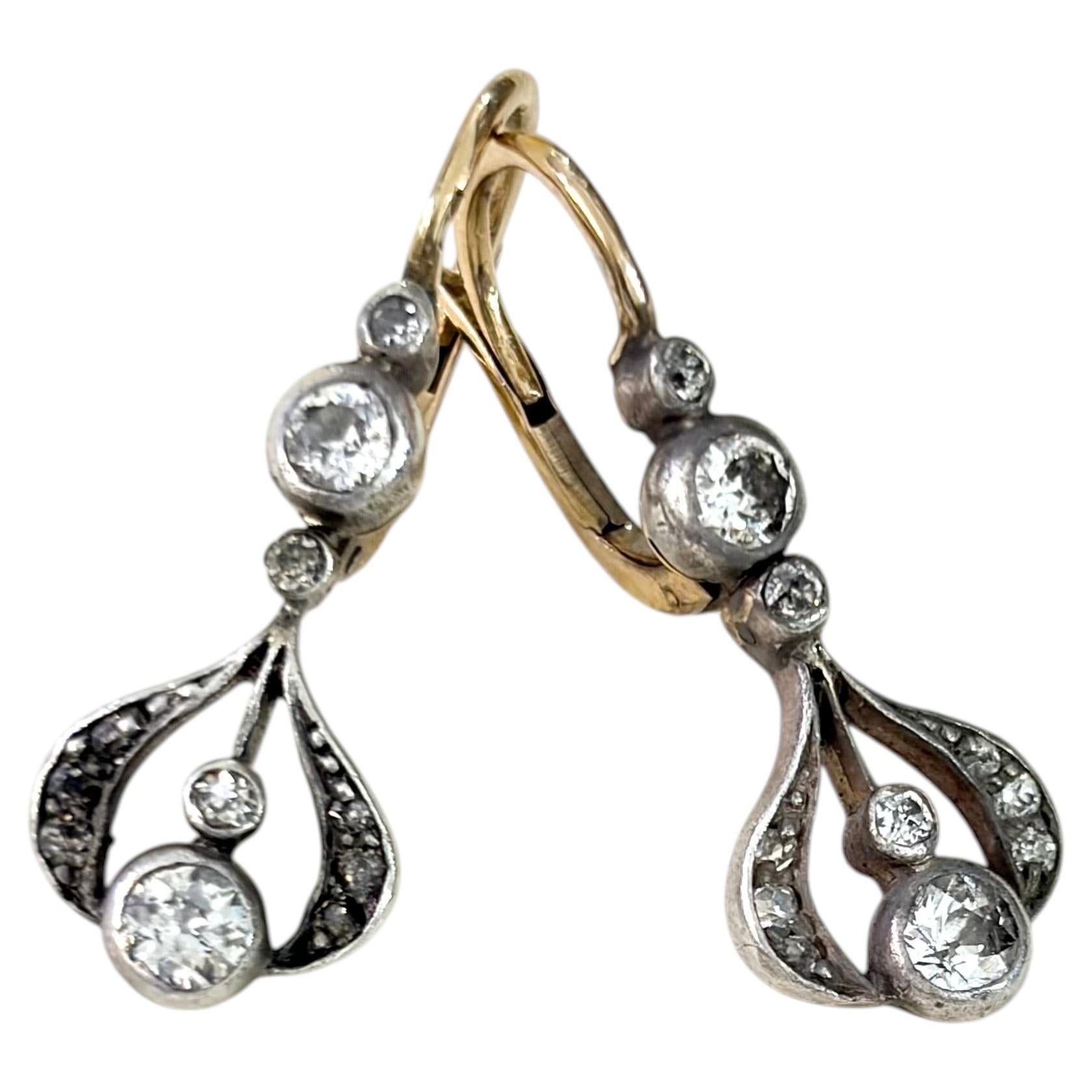 Antique 1880s 0.70ct Old Mine Cut Diamond Dangle Earrings in 18k Gold & Silver For Sale
