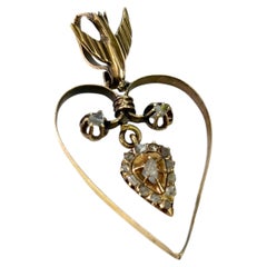Antique 1859 Russian Gold Swallow Bird Heart Diamond Pendant, 4.5cm