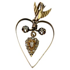 Antique 1859 Russian Gold Swallow Bird Heart Diamond Pendant, 4.5cm