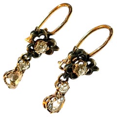 Antique 14k Gold Dangle Earrings with Rose Cut and Old Mine Diamonds