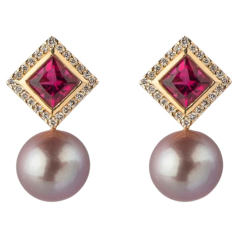 2.40cts Rubellite diamond lilac pearl earrings, 18K gold, by Michelle Massoura For Sale