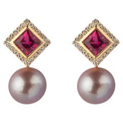 2.40cts Rubellite diamond lilac pearl earrings, 18K gold, by Michelle Massoura