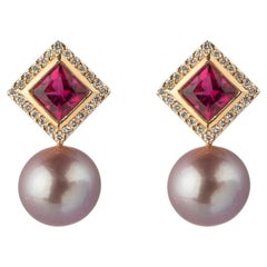 2,40cts Rubellita,  Pendientes de diamantes y perlas de 0,48 quilates, oro de 18 quilates