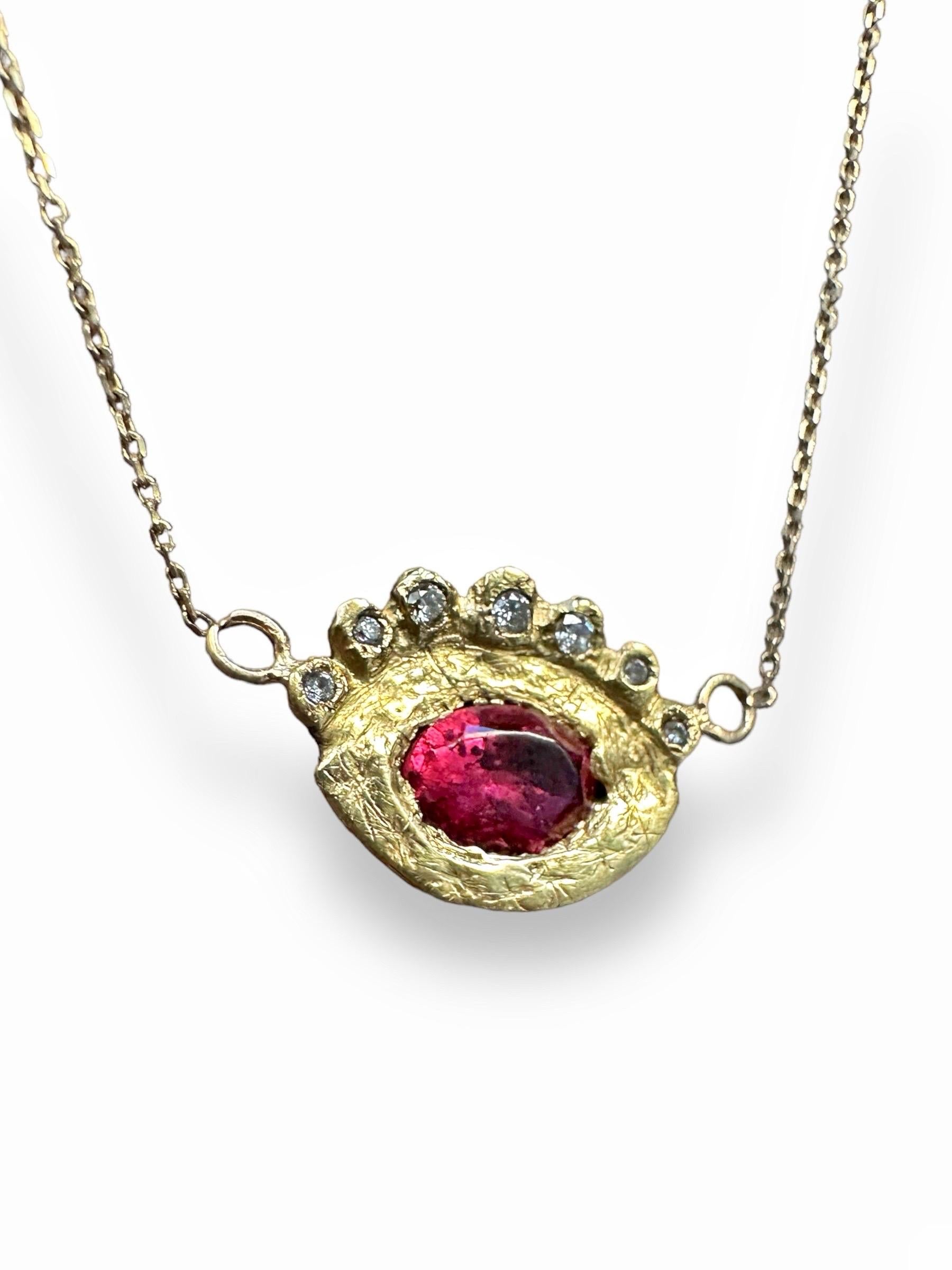 Modern Hera’s Eye Rubellite Tourmaline with Diamonds Necklace in Gold in stock For Sale