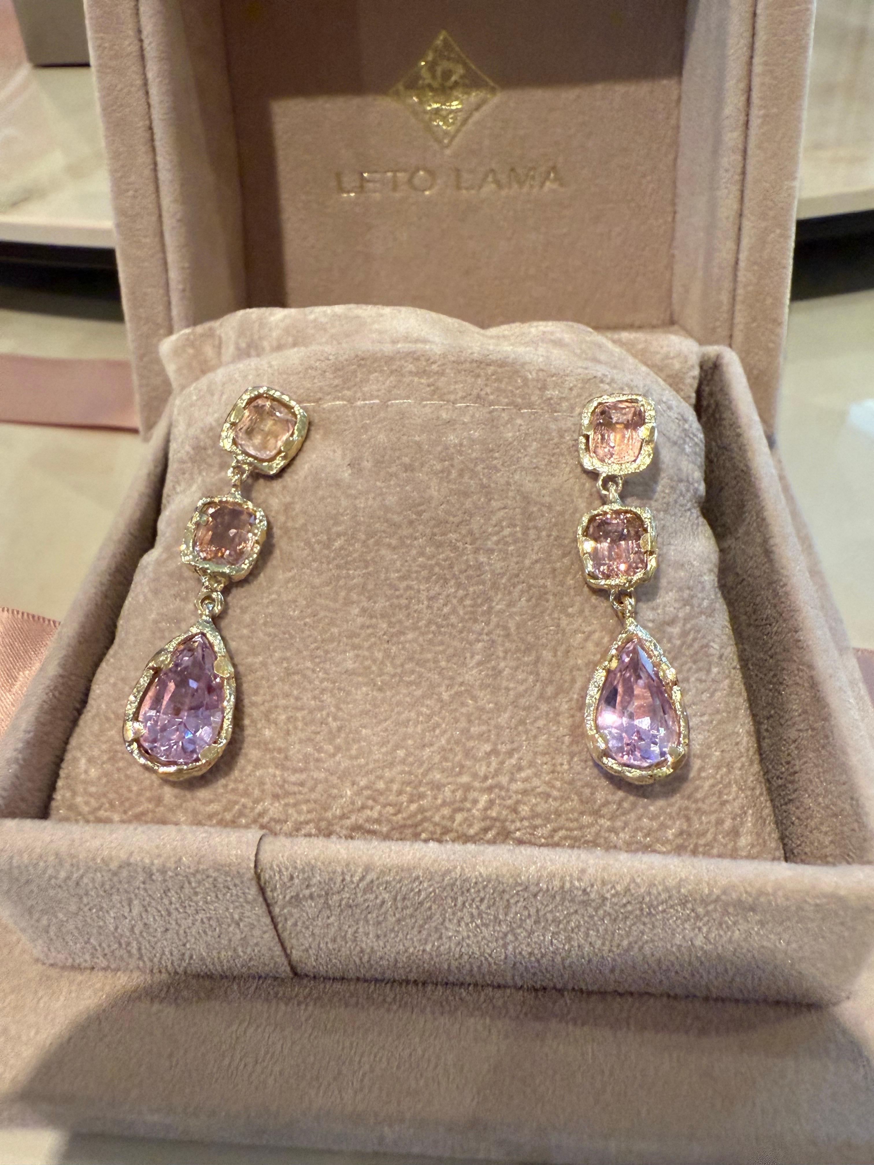 Eros Pink Tourmaline and Kunzite Dangle Gala Tear Drop Earrings in Gold in stock 2