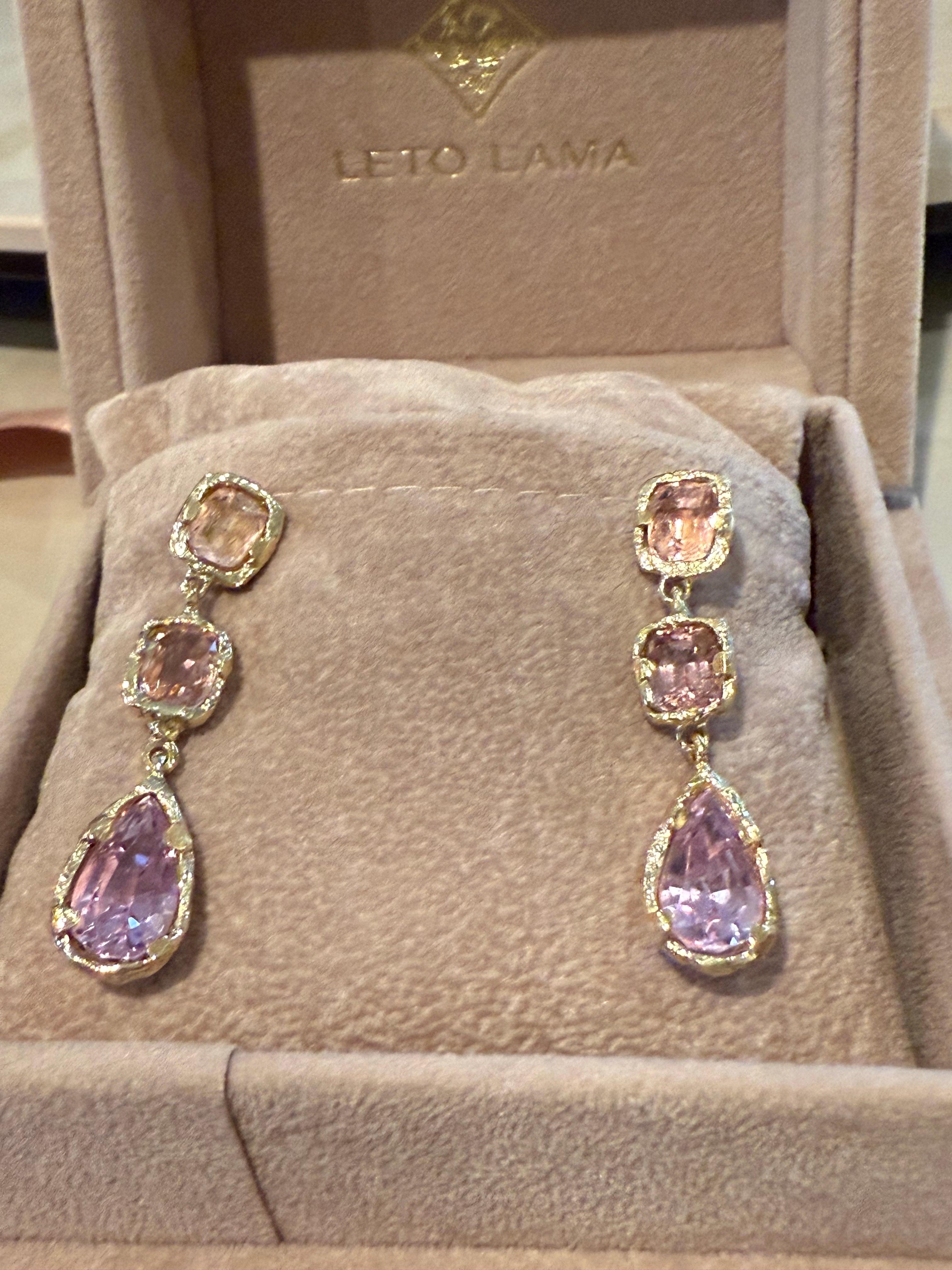 Eros Pink Tourmaline and Kunzite Dangle Gala Tear Drop Earrings in Gold in stock 3