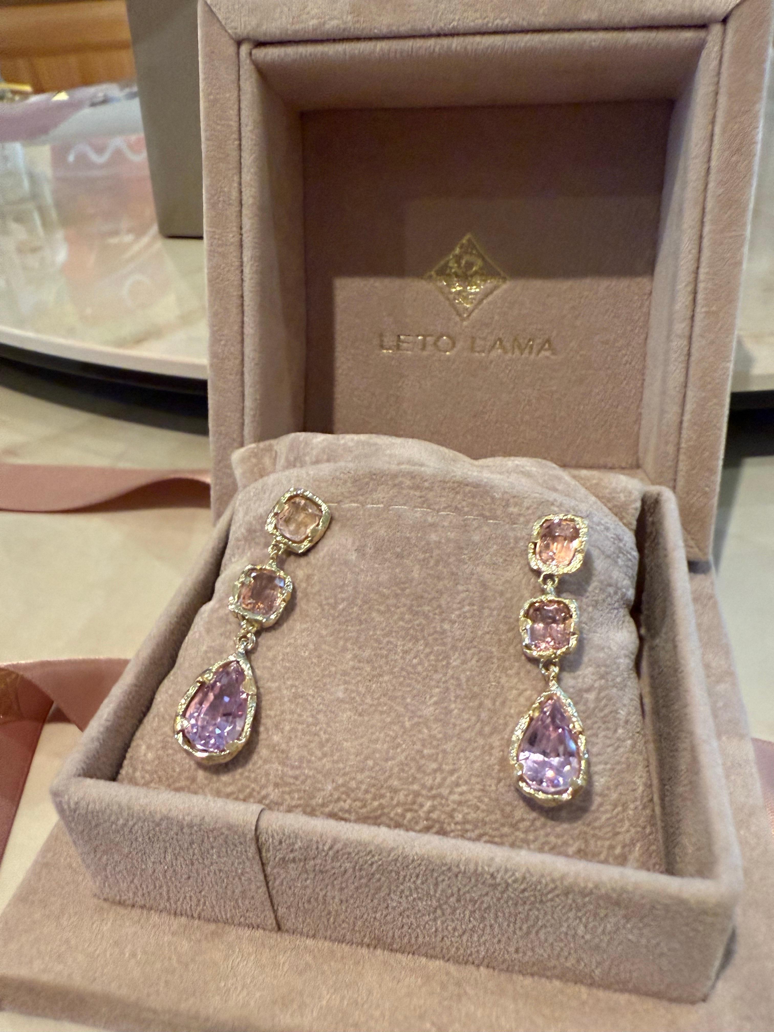 Eros Pink Tourmaline and Kunzite Dangle Gala Tear Drop Earrings in Gold in stock 4