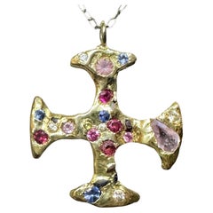 One of a Kind 18K Yellow Gold Cross with Sapphires