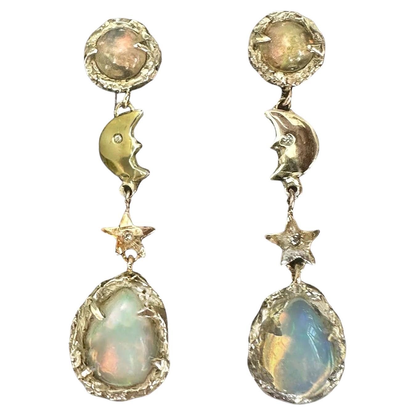 Opal Moon and Stars Earrings with Diamonds in gold one of a kind in stock For Sale