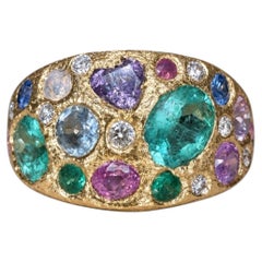 Leto Lama Colombian Emerald Sapphires Diamonds Dome Ring 18 Ct