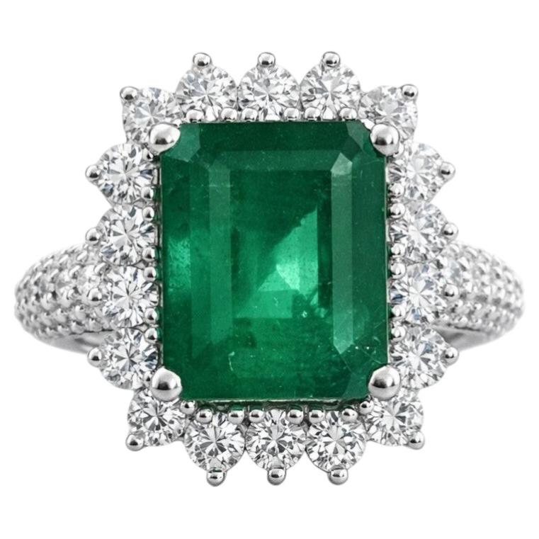 3.75 carat natural vivid green emerald ring, natural white diamonds, women ring