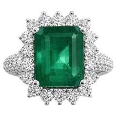 3.75 carat natural vivid green emerald ring, natural white diamonds, women ring