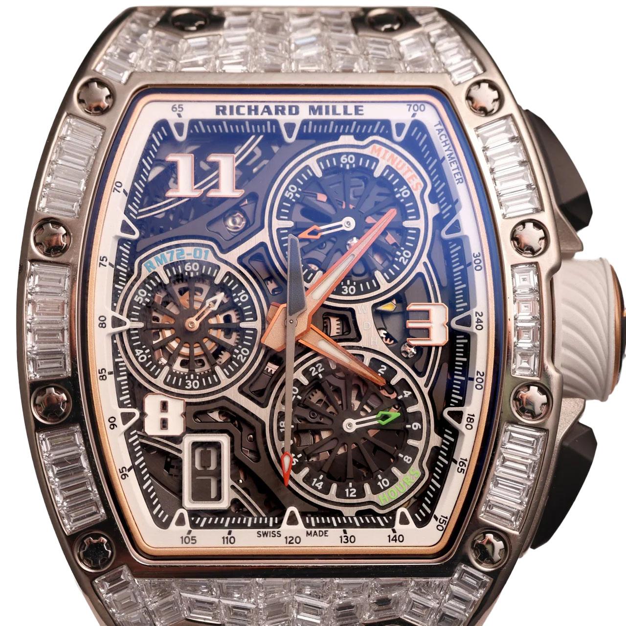 Richard Mille RM 72-01 Cronógrafo Automático Oro Blanco con Diamantes Baguette en venta 3