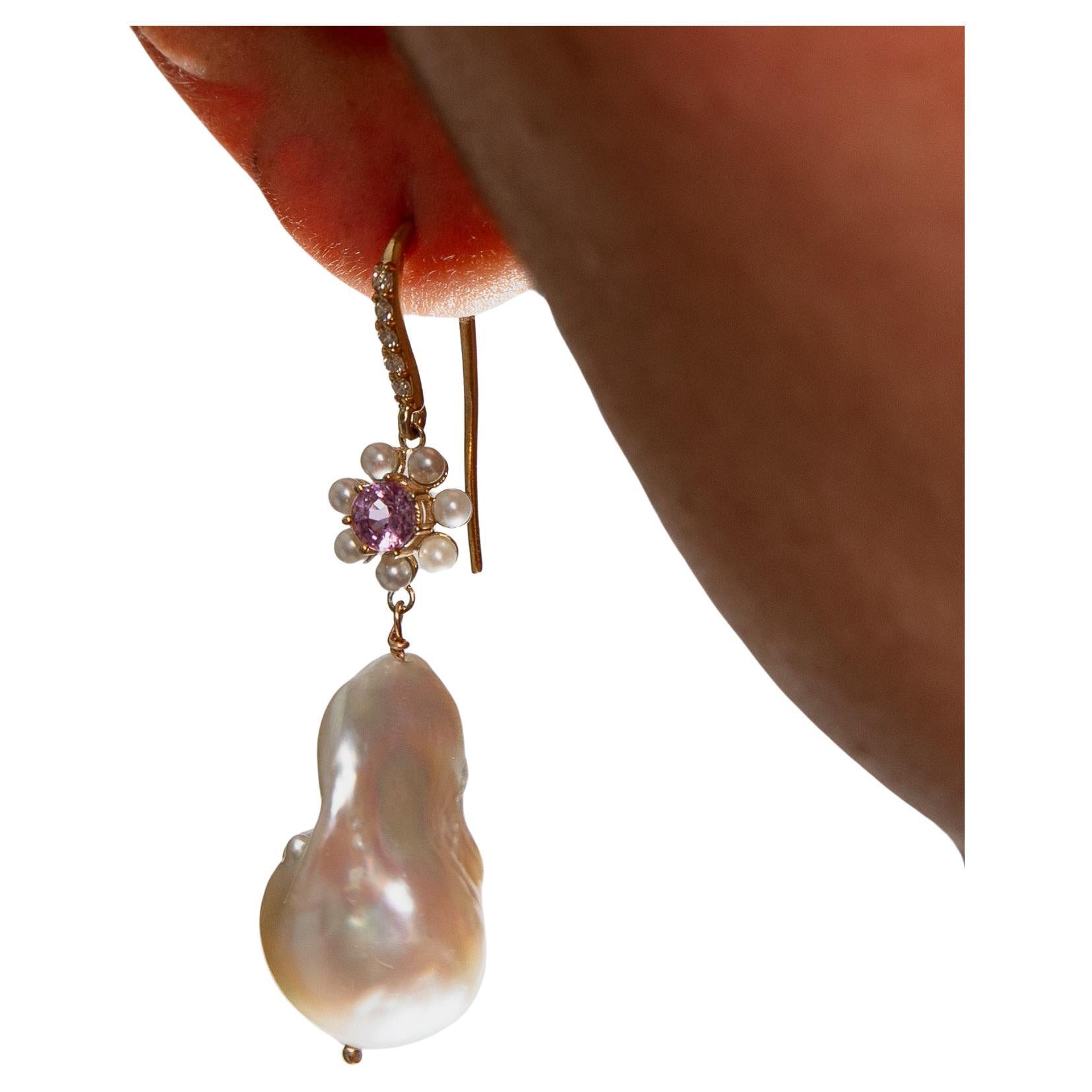 Floral Bouquet Earring with pink sapphires and Baroque Pearls For Sale