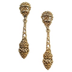 Vintage Claire Deve Long Gold Tone Earrings Cirac 1980s