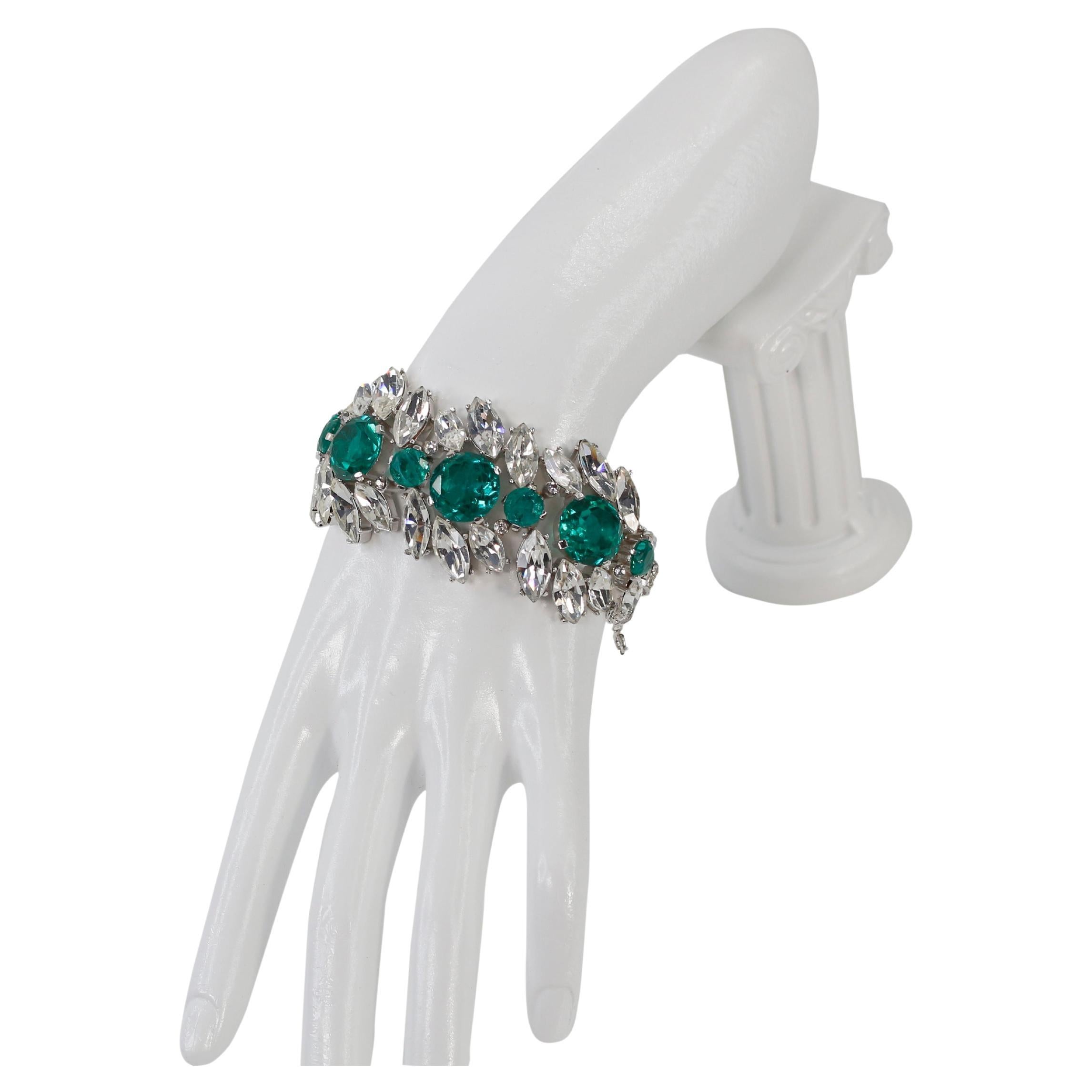 Vintage Trifari Emerald Green and Crystal Bracelet Circa 1960s For Sale