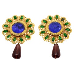 Maison Gripoix Vintage Blue, Green and Red Dangling Earrings Circa 1980s
