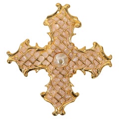 Vintage Christian Lacroix Enamel and Faux Pearl Cross Circa 1990s