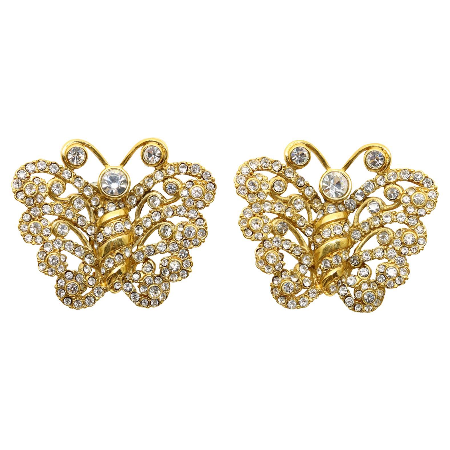 Orecchini vintage Christian Dior Boutique con diamante e farfalla in oro, circa anni '80