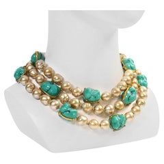 Vintage Yves Saint Laurent YSL 3 Strand Pearl and Faux Turquoise Circa 1980s