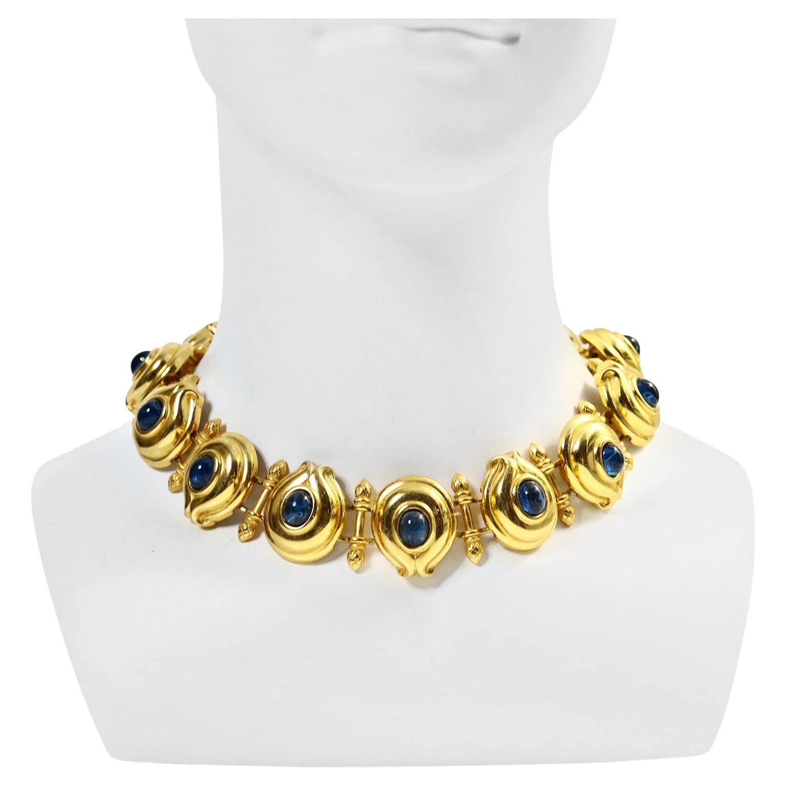 Vintage Fendi Gold Tone and Blue Cabochon Toggle Necklace Circa 1980s For Sale