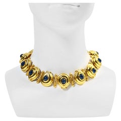 Vintage Fendi Gold Tone and Blue Cabochon Toggle Necklace Circa 1980s