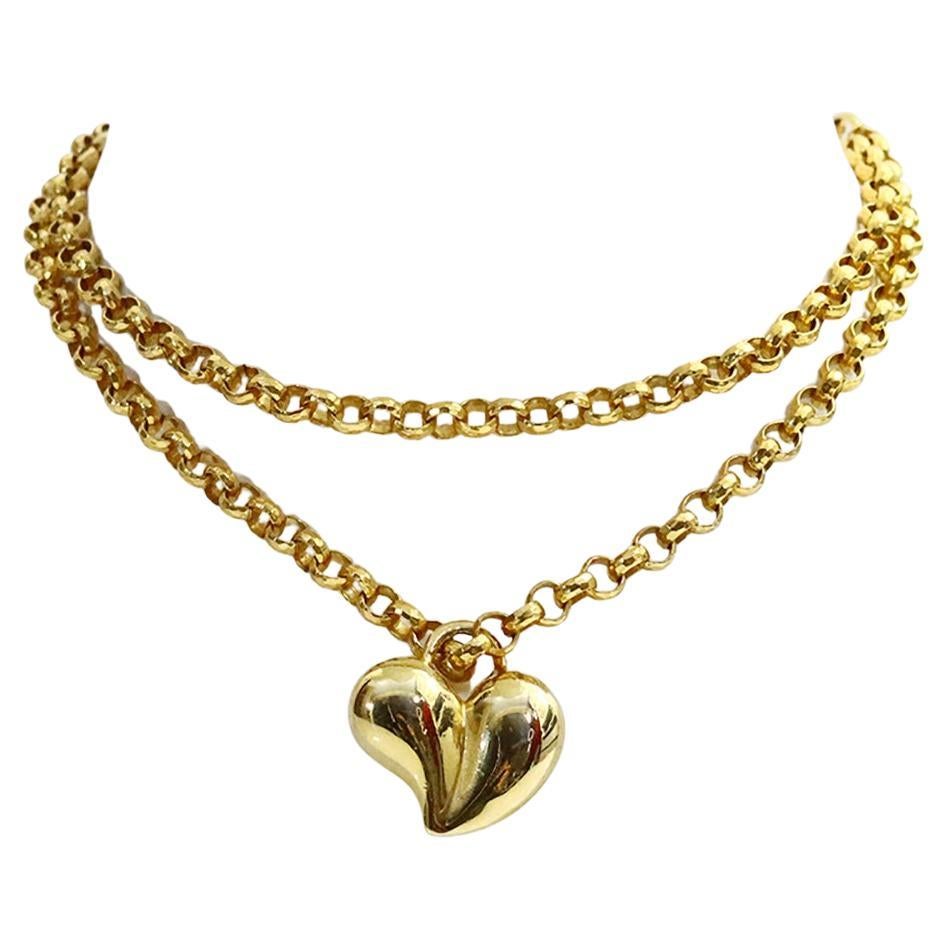 Collar vintage de cadena de eslabones y corazón macizo dorado Circa años 80