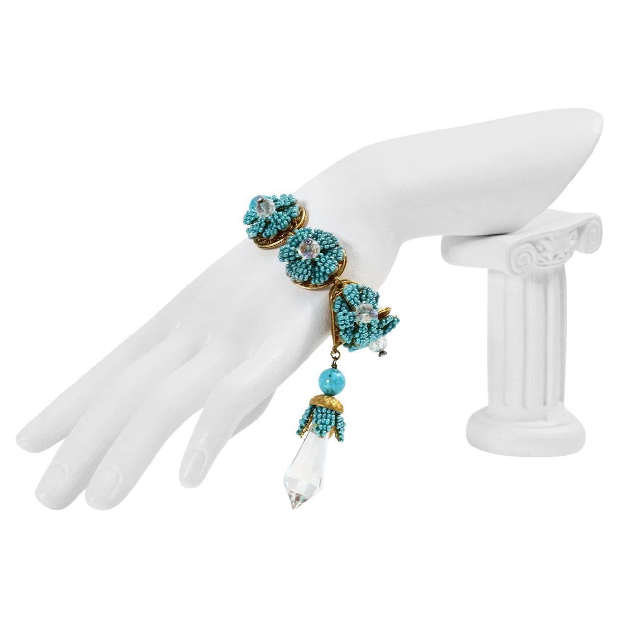 Vintage Stanley Hagler Faux Turquoise Dangling Crystal Bracelet Circa 1960s For Sale