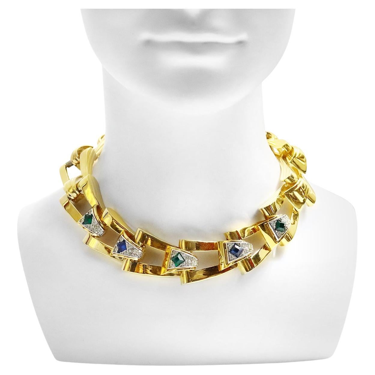 Vintage Givenchy Diamante and Gold Tone Link Necklace Circa 1980s