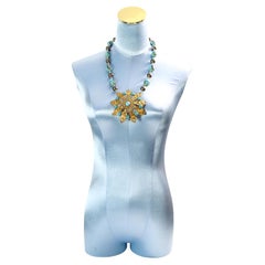 Vintage Gold Large Disc with Faux Turquoise Glass Beads Circa 1980s