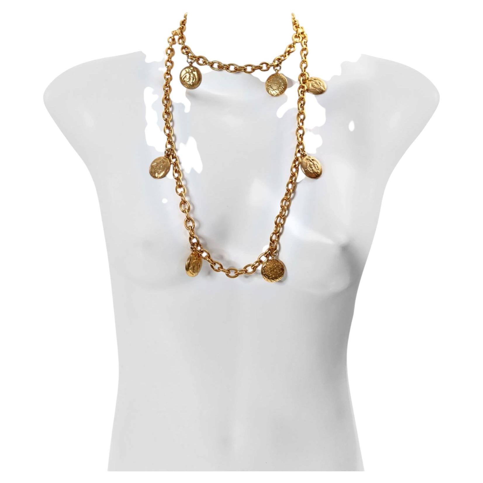Vintage Chanel Gold Dangling Disc Necklace, 48" Long, Circa 1980s, Heavy Link