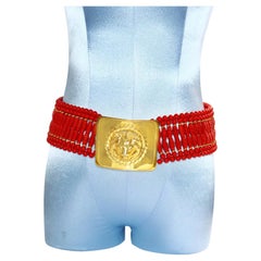 Vintage deLillo Red Beaded Belt with Gold Lion Head Buckle
