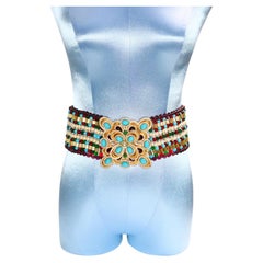 Vintage deLillo Multi Color Beaded Belt with Faux Turquoise Diamante Buckle