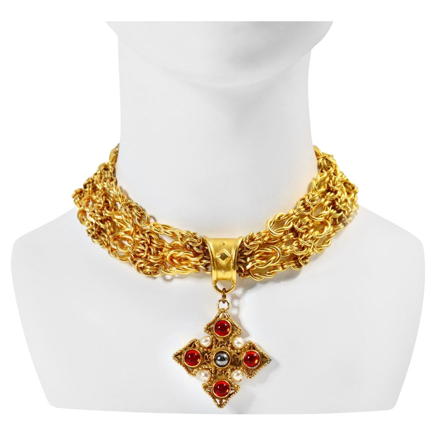 Vintage Prevost Gold 4 Strand Necklace with Dangling Maltese Cross Circa 1980s For Sale