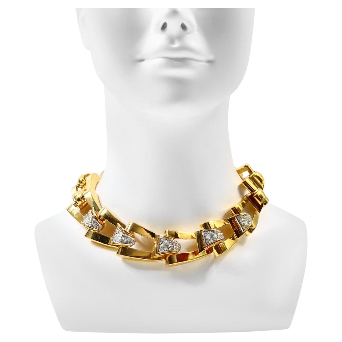 Vintage Givenchy Diamante and Gold Tone Link Necklace Circa 1980s For Sale