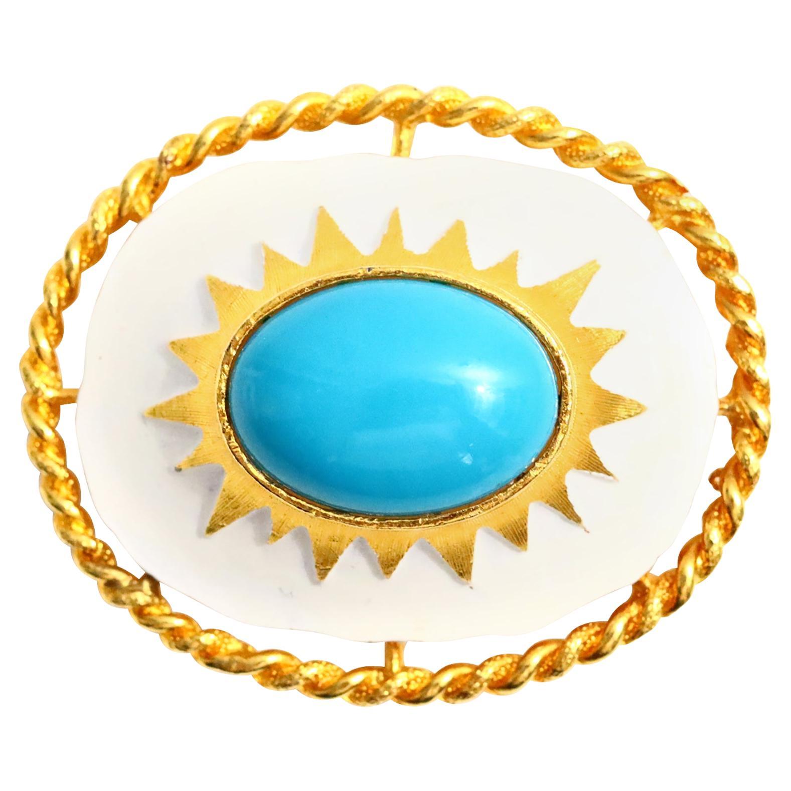 Spilla vintage Cadoro in oro con finto turchese e smalto bianco, circa anni 
80