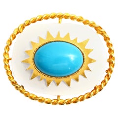Brosche Cadoro aus Gold mit türkisfarbenem und weißer Emaille im Vintage-Stil, ca. 1980er Jahre