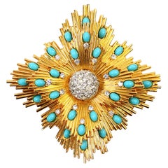Jomaz Pendentif broche vintage en or, diamant et fausse turquoise, années 1960